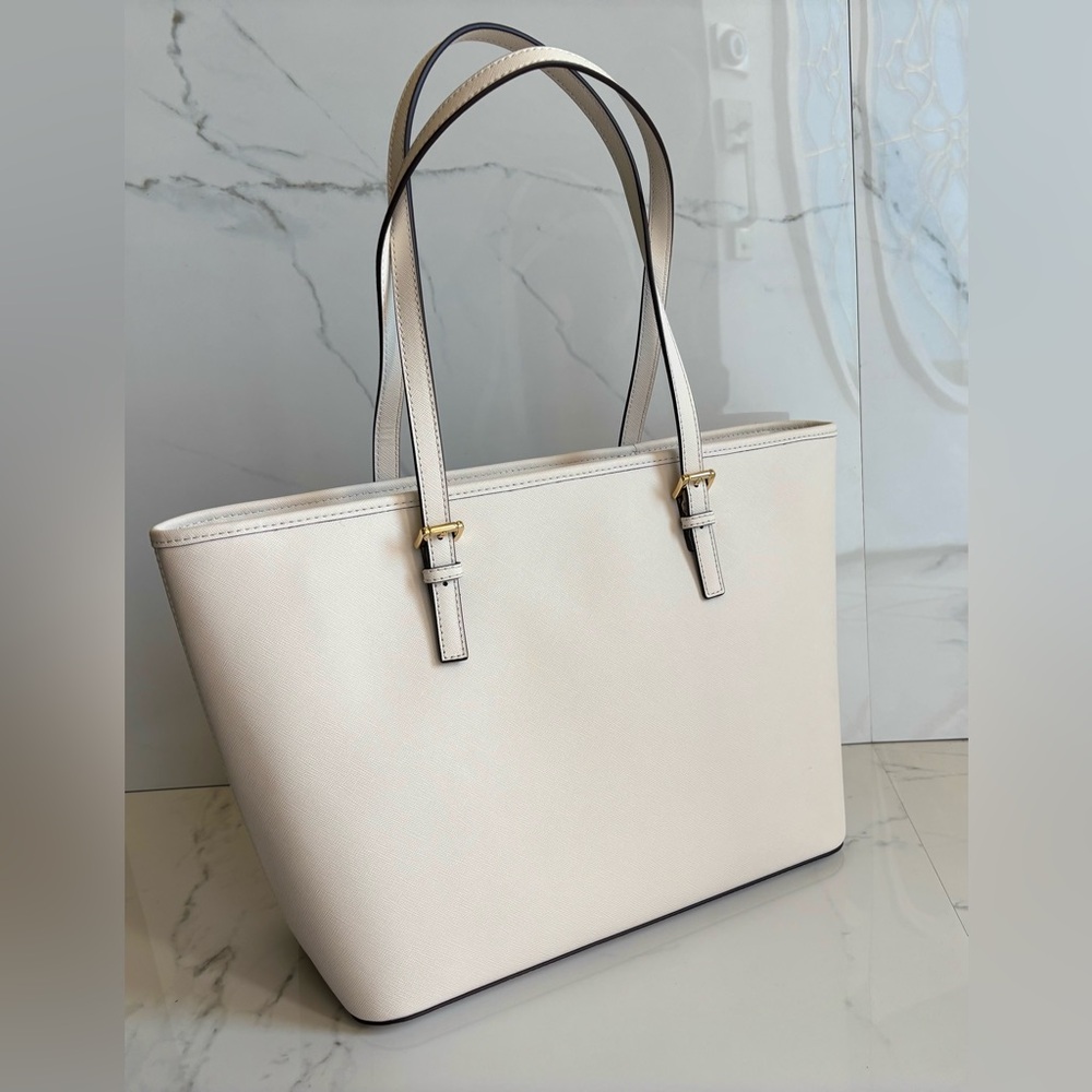 $378 Michael Kors JET SET MD LT CREAM LEATHER TZ TOTE BAG MK HANDBAG PURSE - Picture 7 of 9